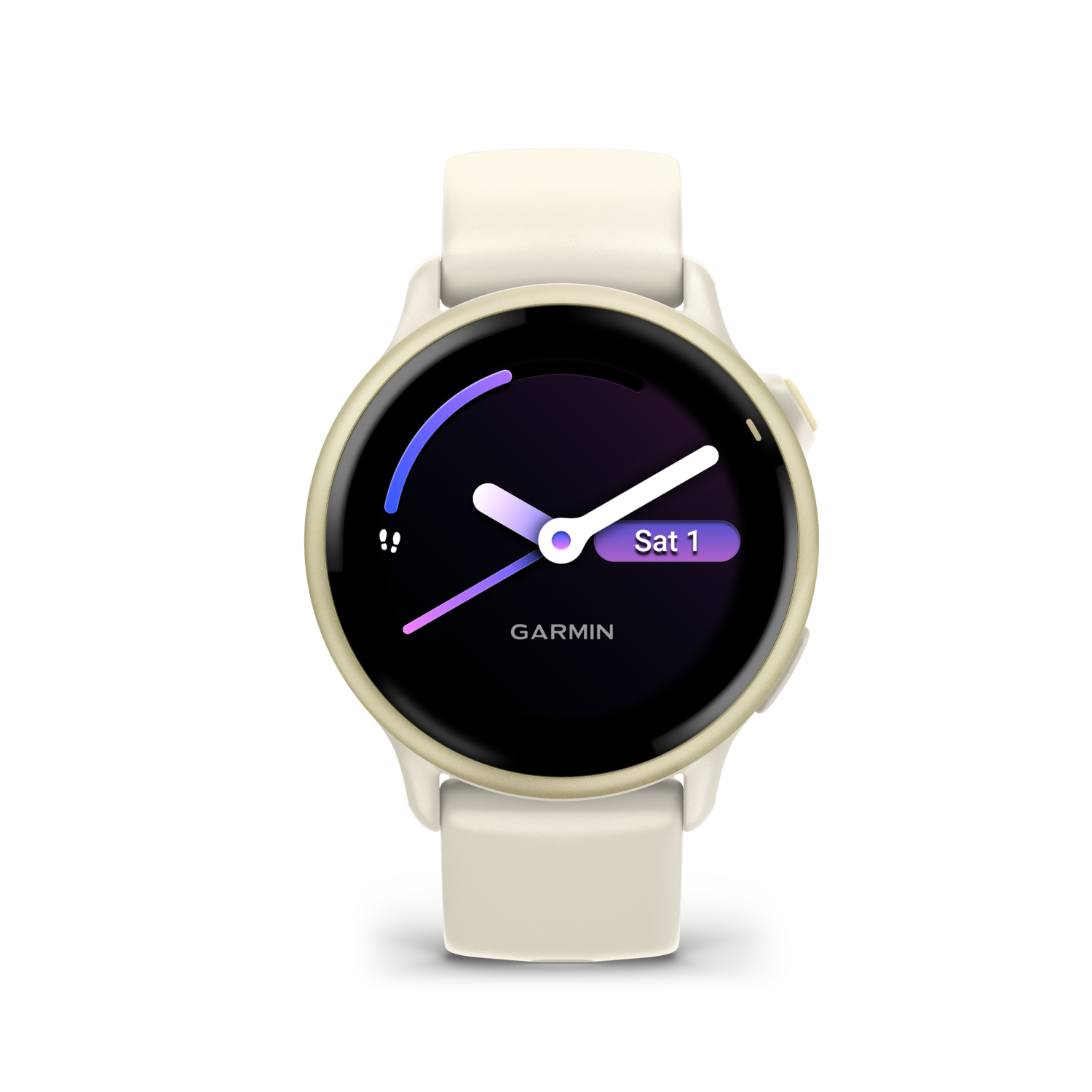 Crèmekleurige smartwatch met een ronde wijzerplaat die tijd, datum en Garmin-branding weergeeft, op een zwarte achtergrond.