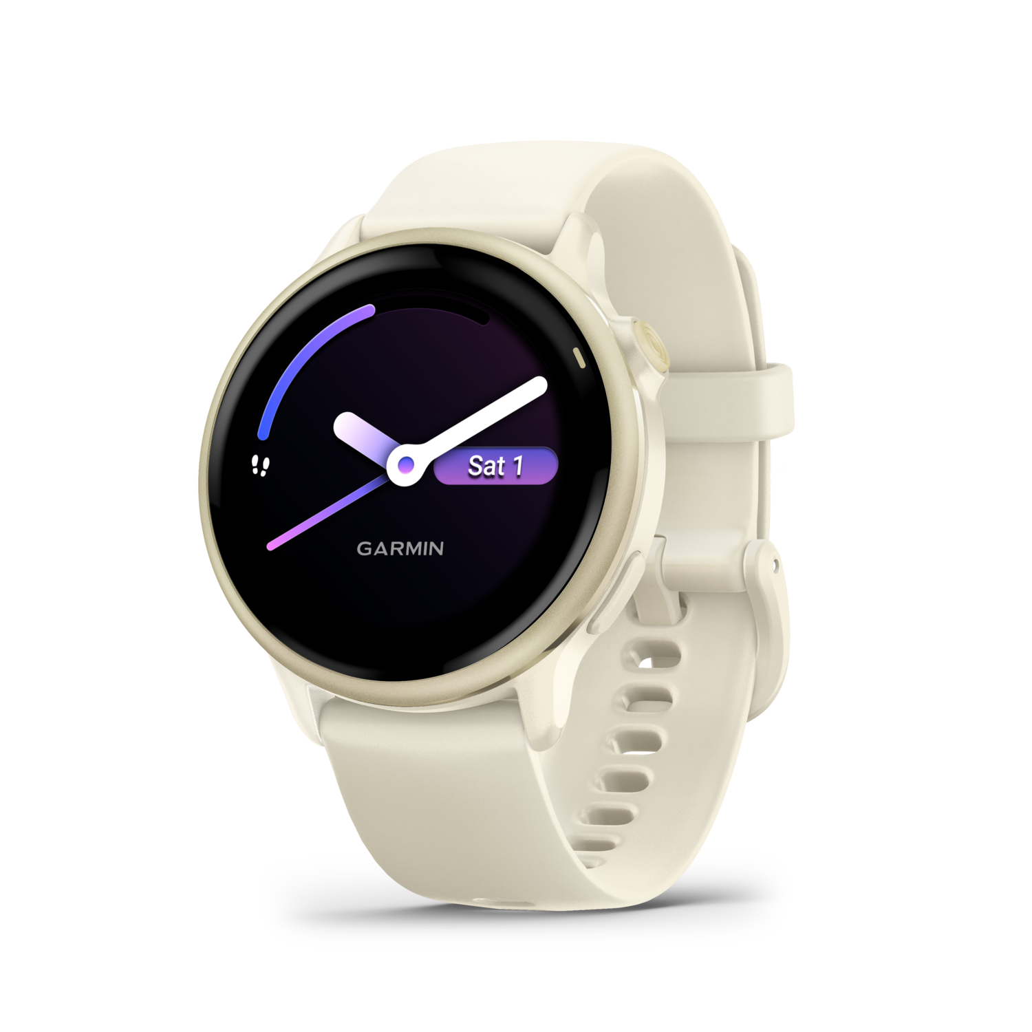 A cream-colored Garmin smartwatch with a black screen displaying time and date.