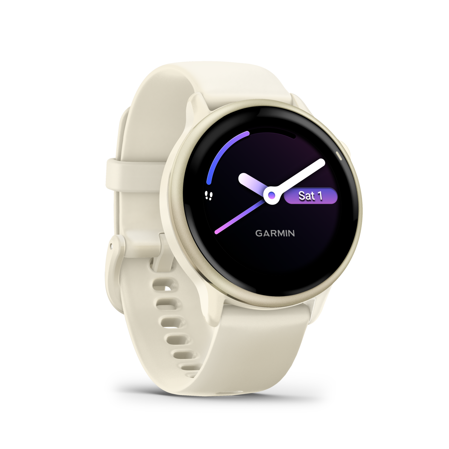 Cream-colored Garmin smartwatch with a black and purple display. Black background.