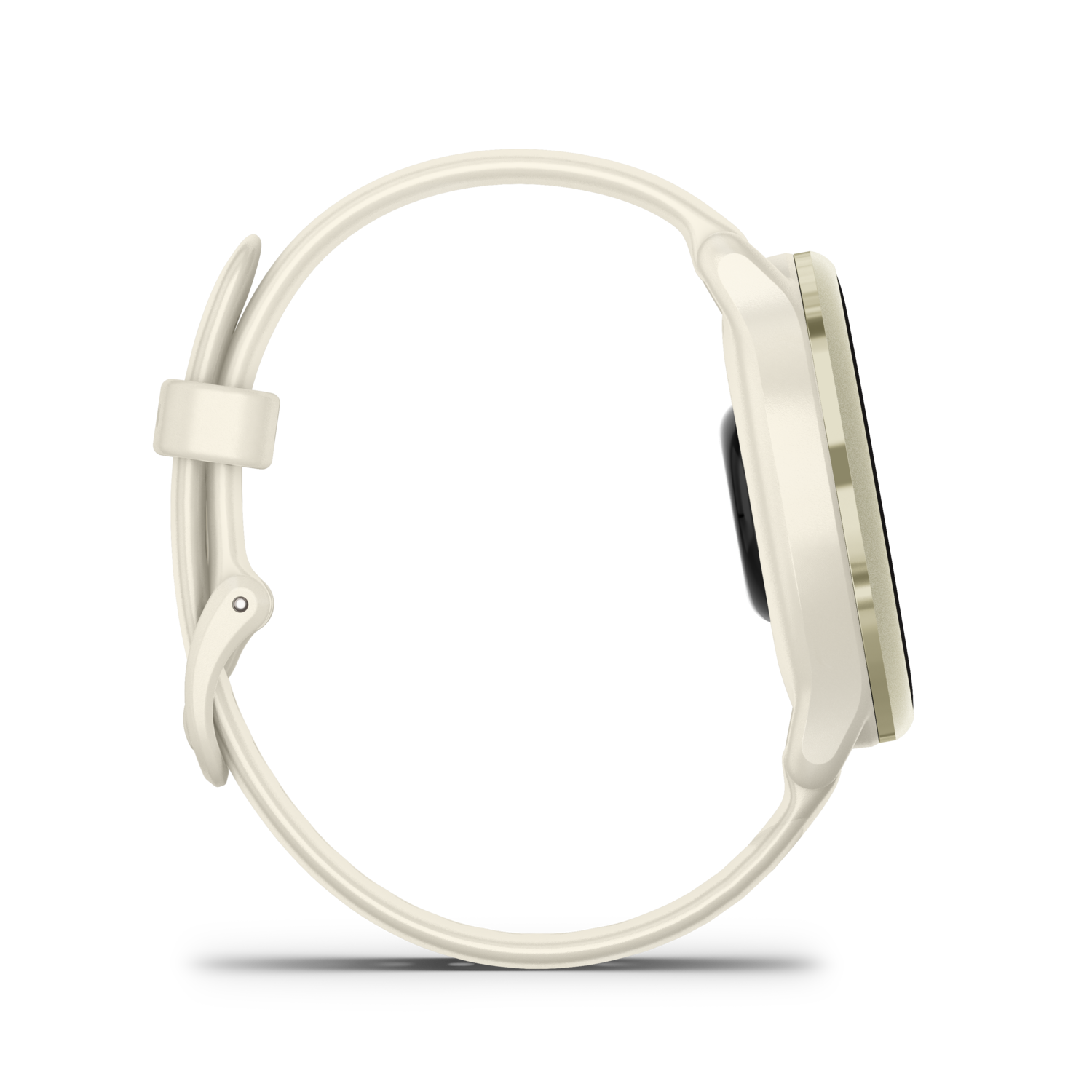 Side view of a cream-colored Garmin smartwatch with a black screen and white strap.