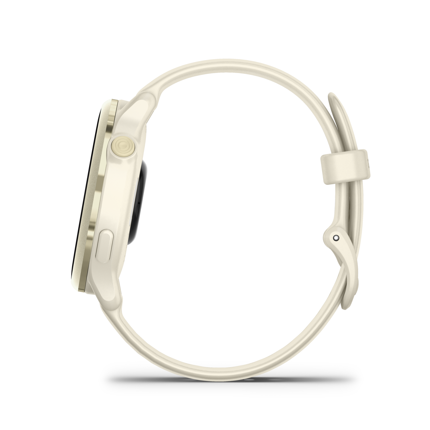Cream-colored Garmin watch, side view. The watch has a light-colored strap and a round face.