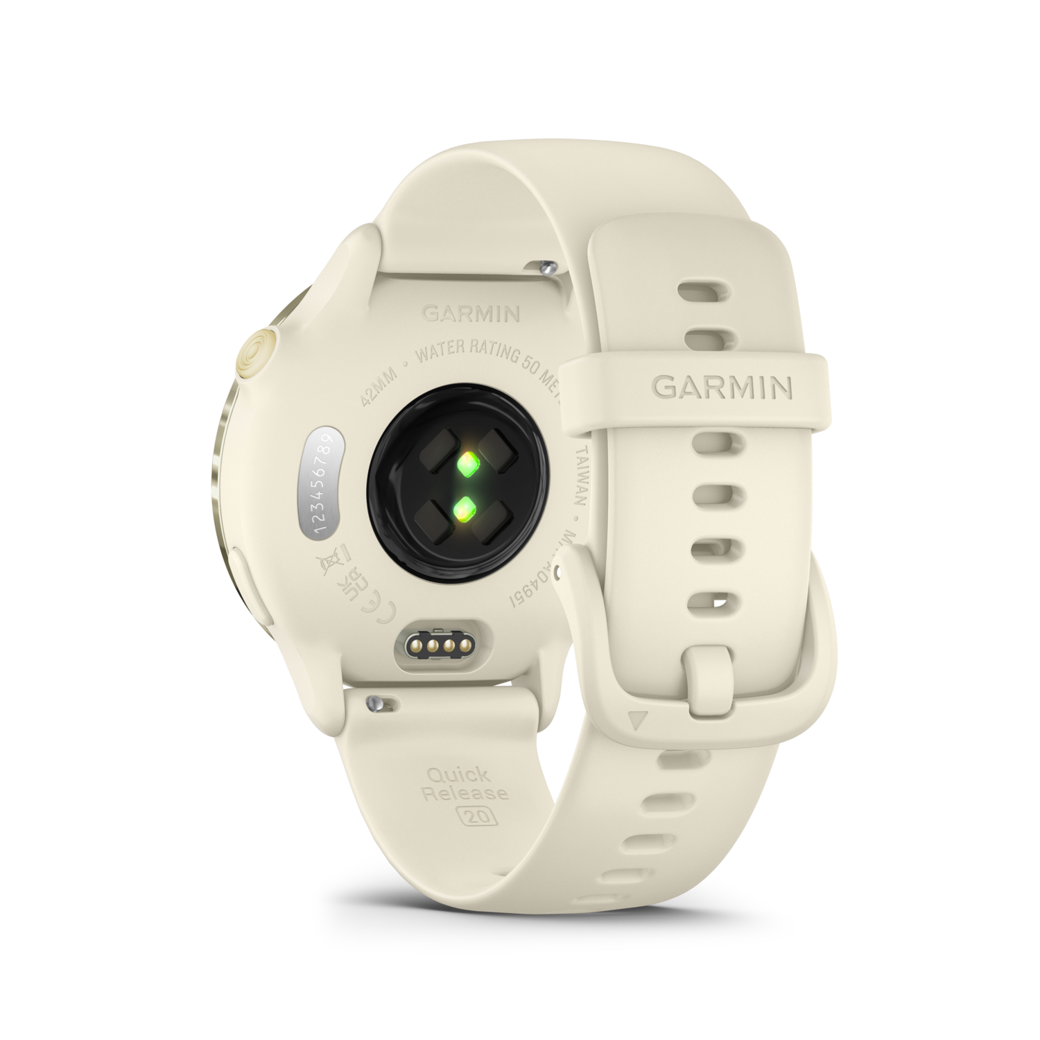 Garmin smartwatch, cream color, back view. Shows heart rate sensor and quick release. Text: Garmin, 42mm, Quick Release.