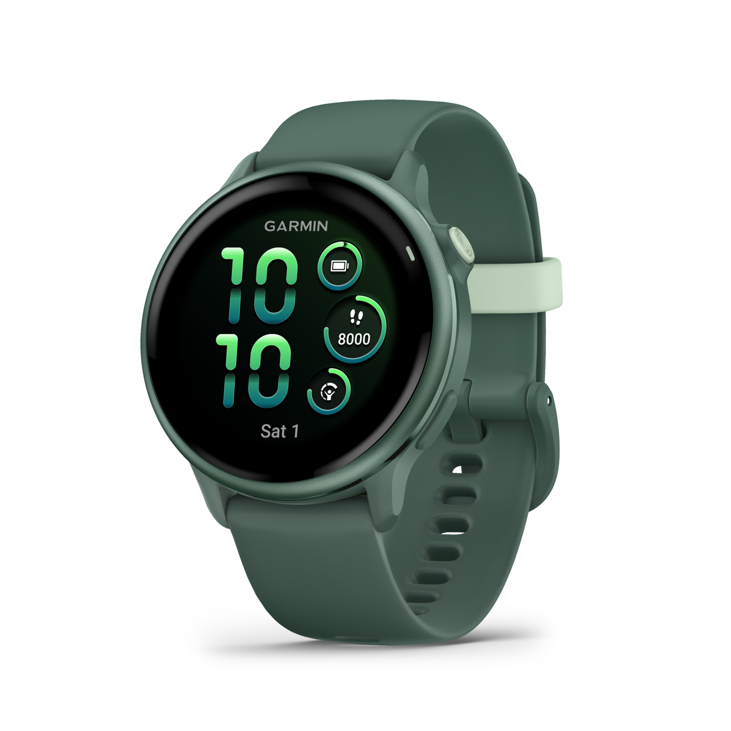 Smartwatch Garmin verte affichant l'heure, les pas et un indicateur de batterie, sur fond noir.