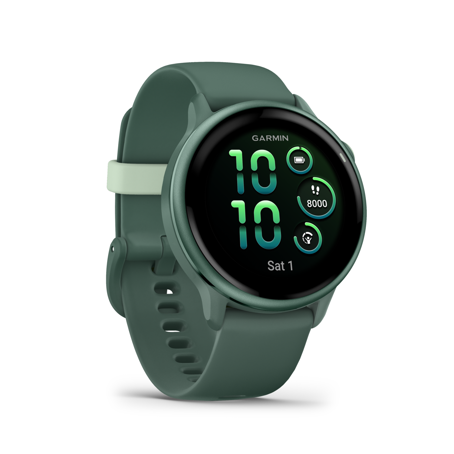 Montre connectée verte sur fond noir. Affiche l'heure, les pas et la batterie.