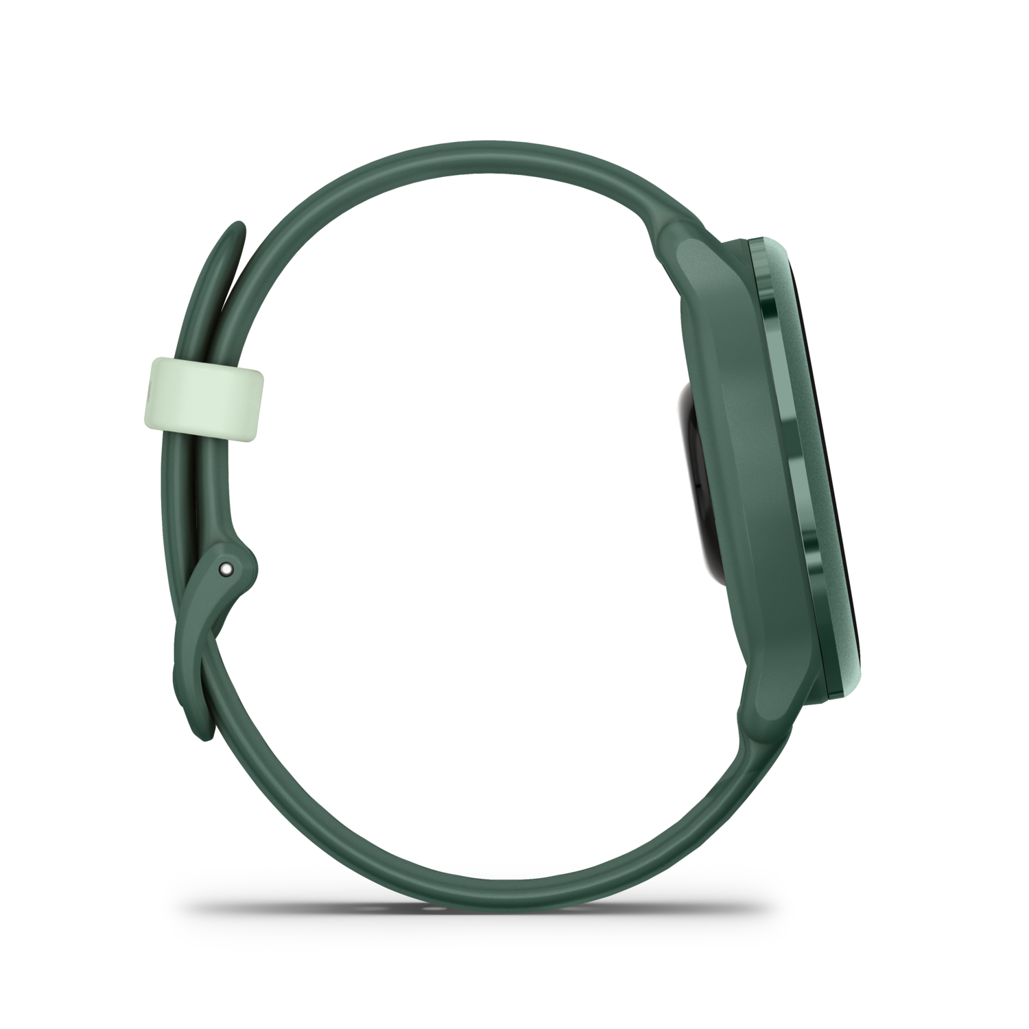 Une montre connectée verte avec un bracelet de couleur claire.