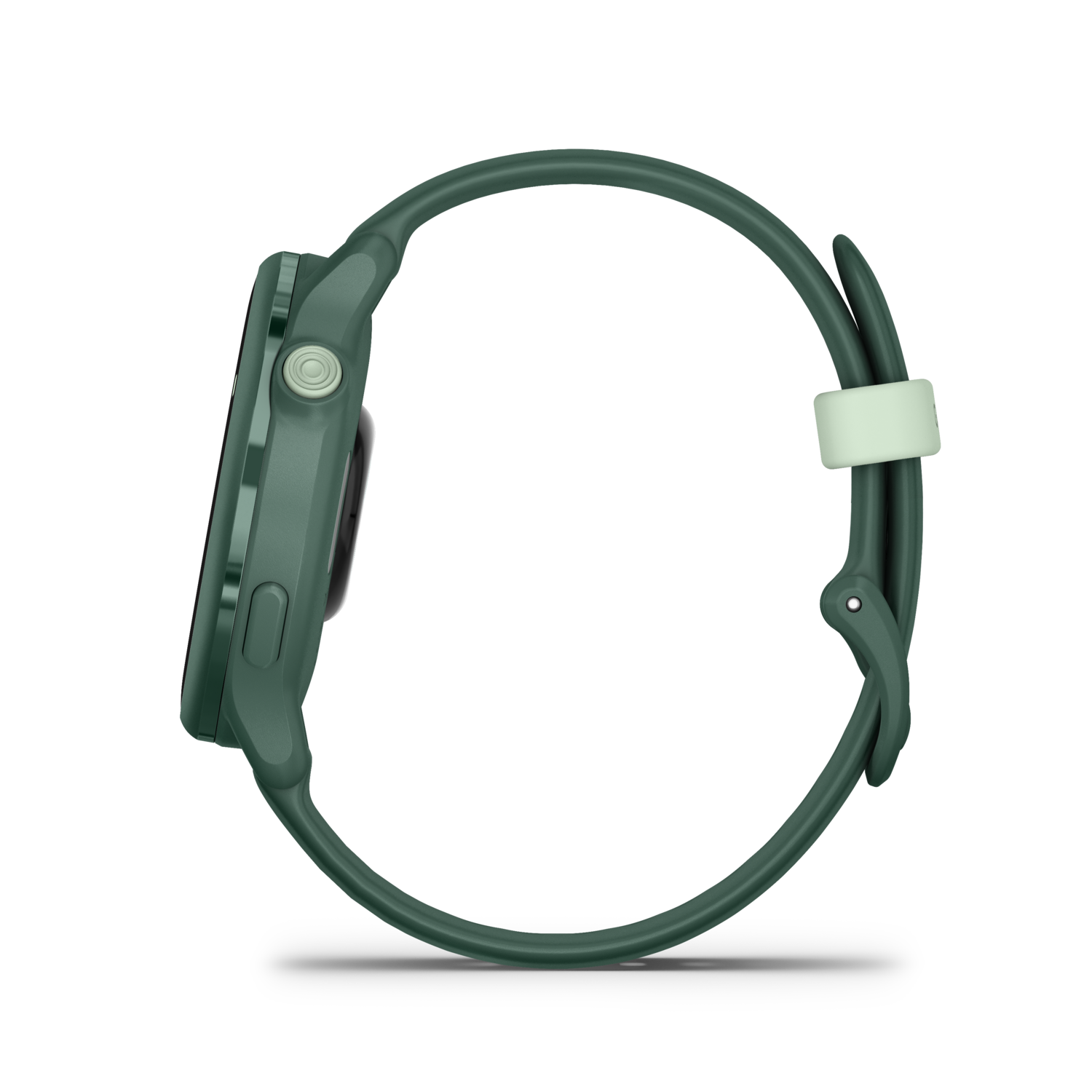 Vue latérale d'une smartwatch verte avec bracelet vert sur fond noir.