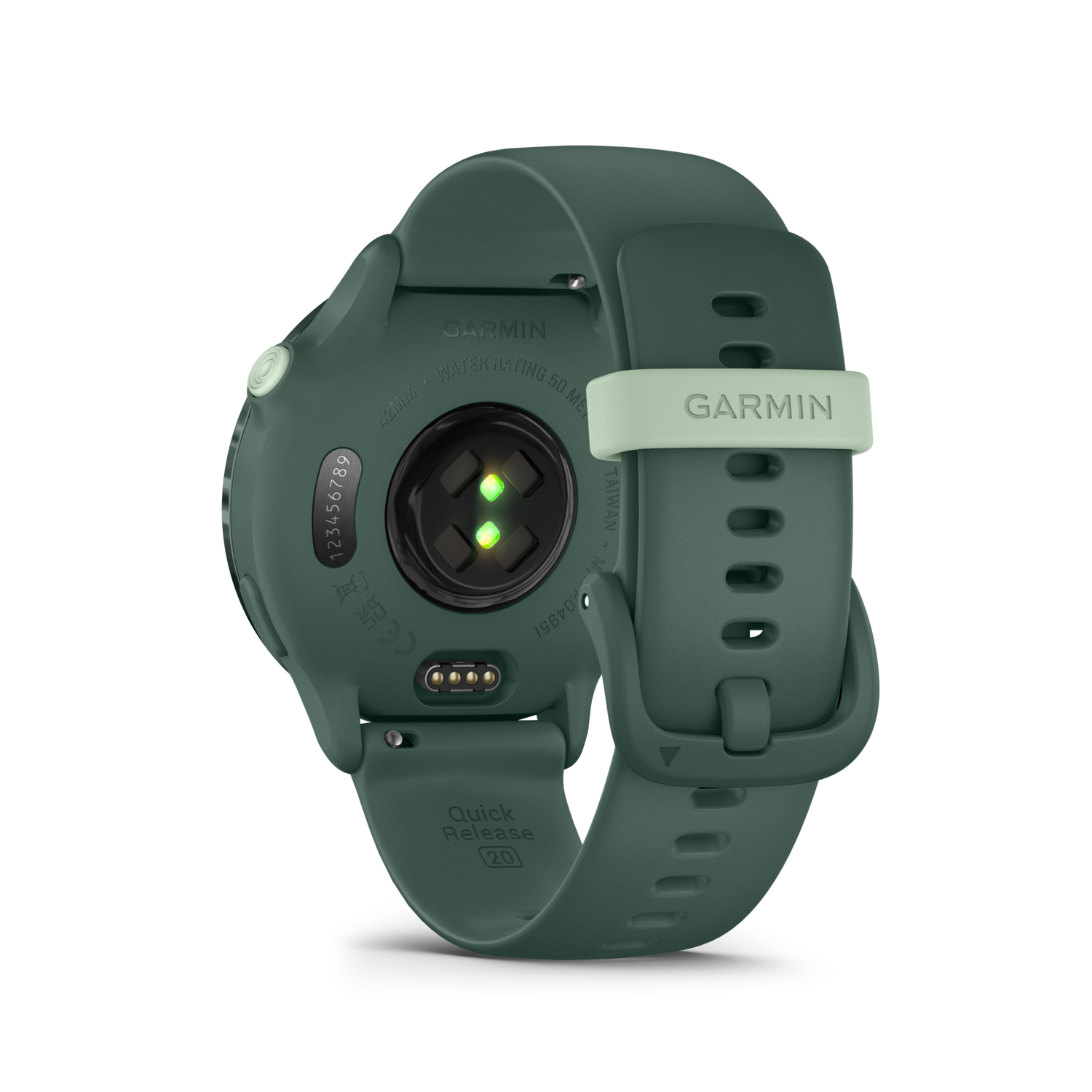 Montre Garmin verte avec capteurs et bracelet à l'arrière.