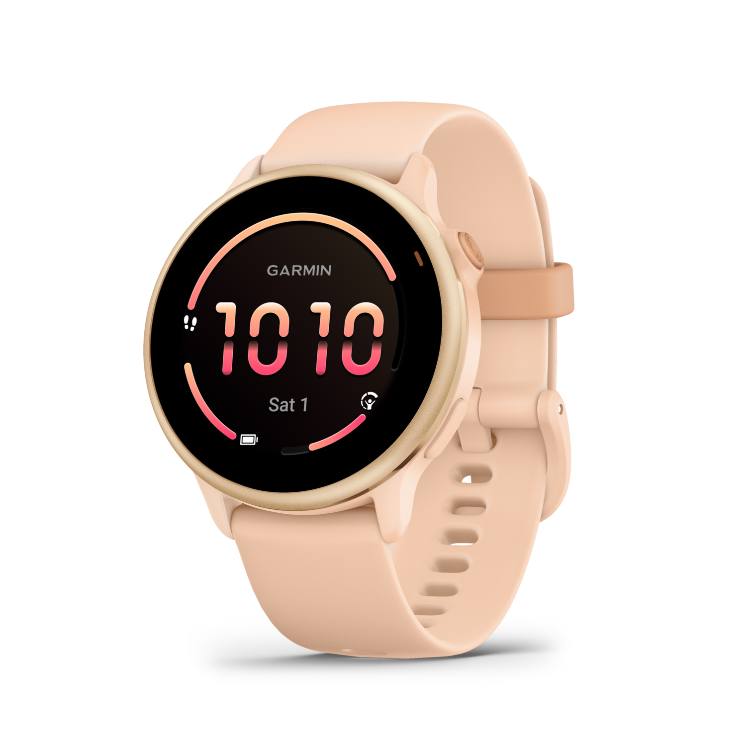 Une smartwatch Garmin pêche affichant l'heure et la date sur un écran noir.