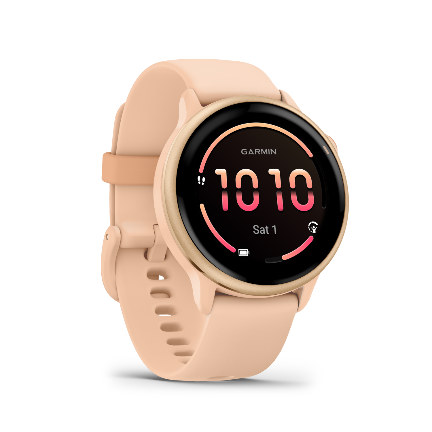 Montre connectée Garmin couleur pêche avec écran noir et rouge. Fond noir.