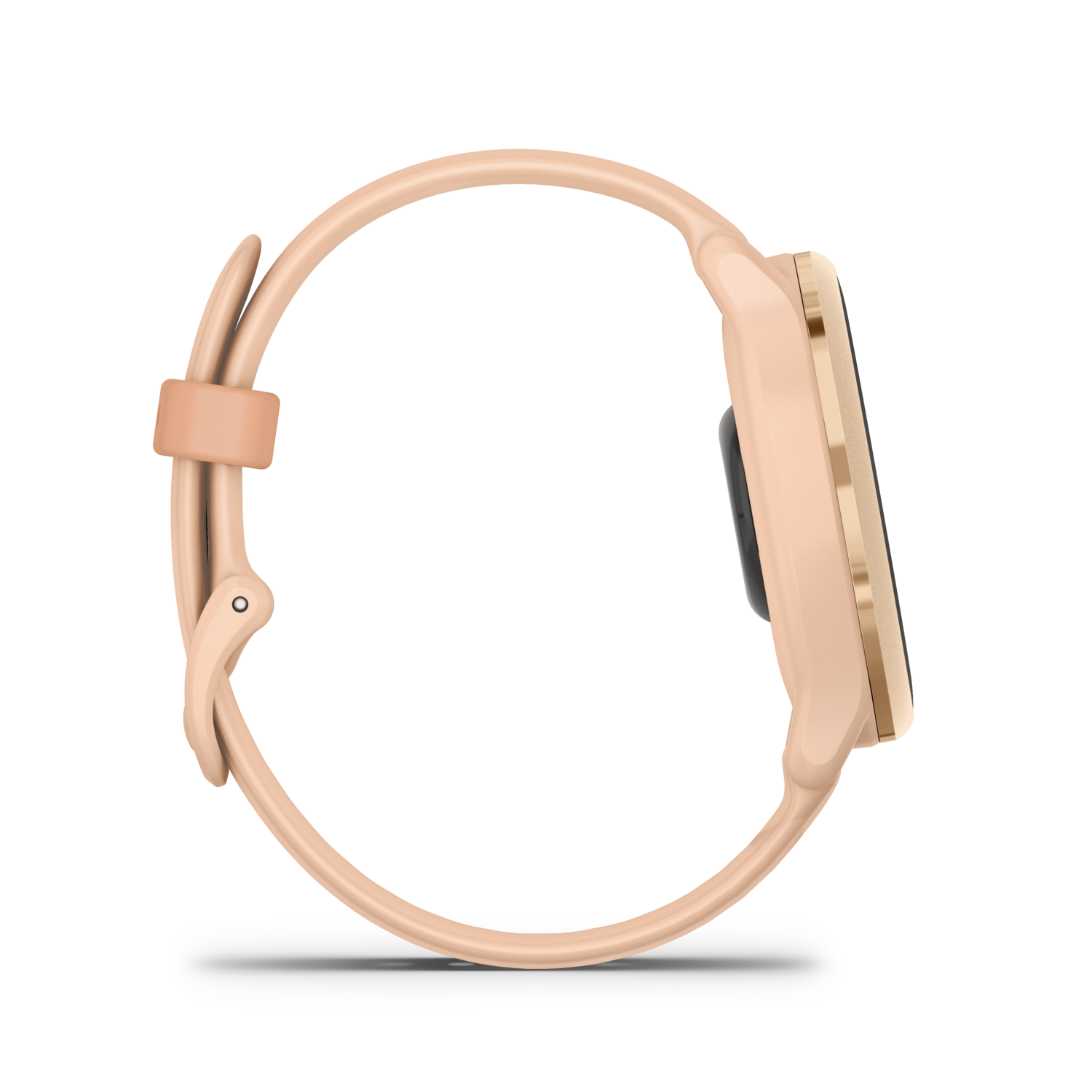Une montre intelligente or rose avec un bracelet rose, vue de côté. Elle est sur une surface noire.