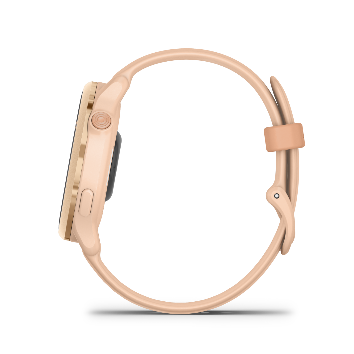 Vue latérale d'une montre connectée or rose avec écran noir et bracelet rose clair.