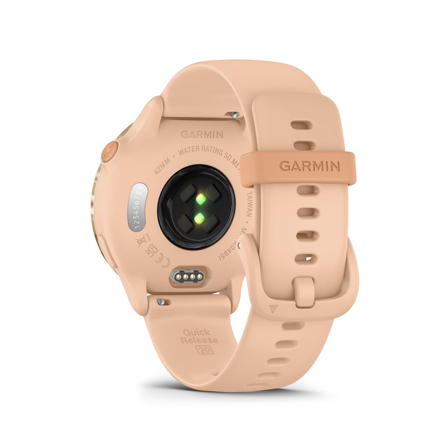 Une montre intelligente beige de Garmin, montrant le dos.