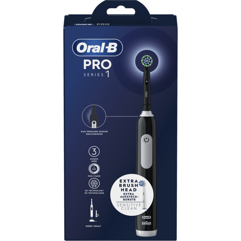 Cepillo eléctrico Oral-B Pro Series 1 negro y caja. Características: modos, temporizador y tecnología 3D.