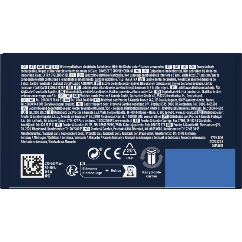 Embalaje de producto lleno de texto con advertencias e información de reciclaje en varios idiomas.