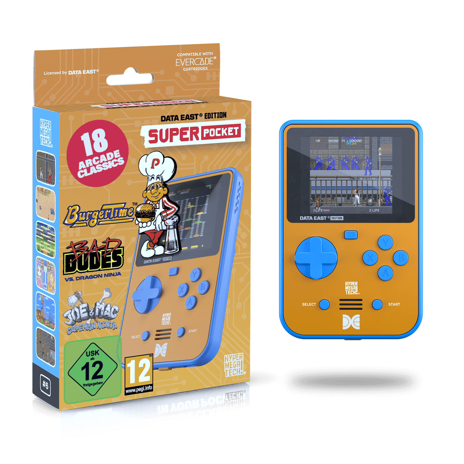 Eine Handheld-Konsole und ihre Box. Die Konsole ist blau und orange.