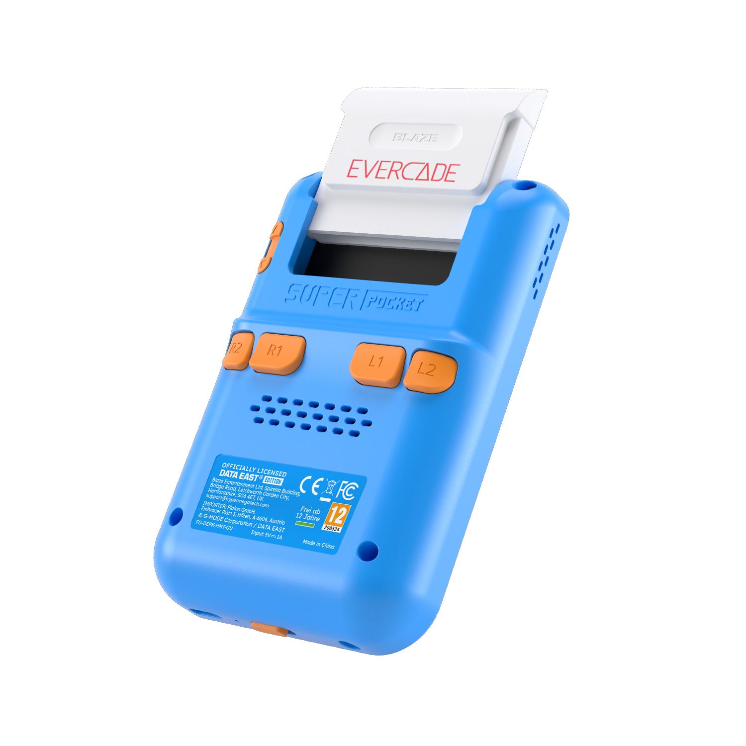 Blaue Handheld-Konsole mit eingesetzter weißer Patrone, Tasten mit L1, R1, L2, R2 beschriftet.