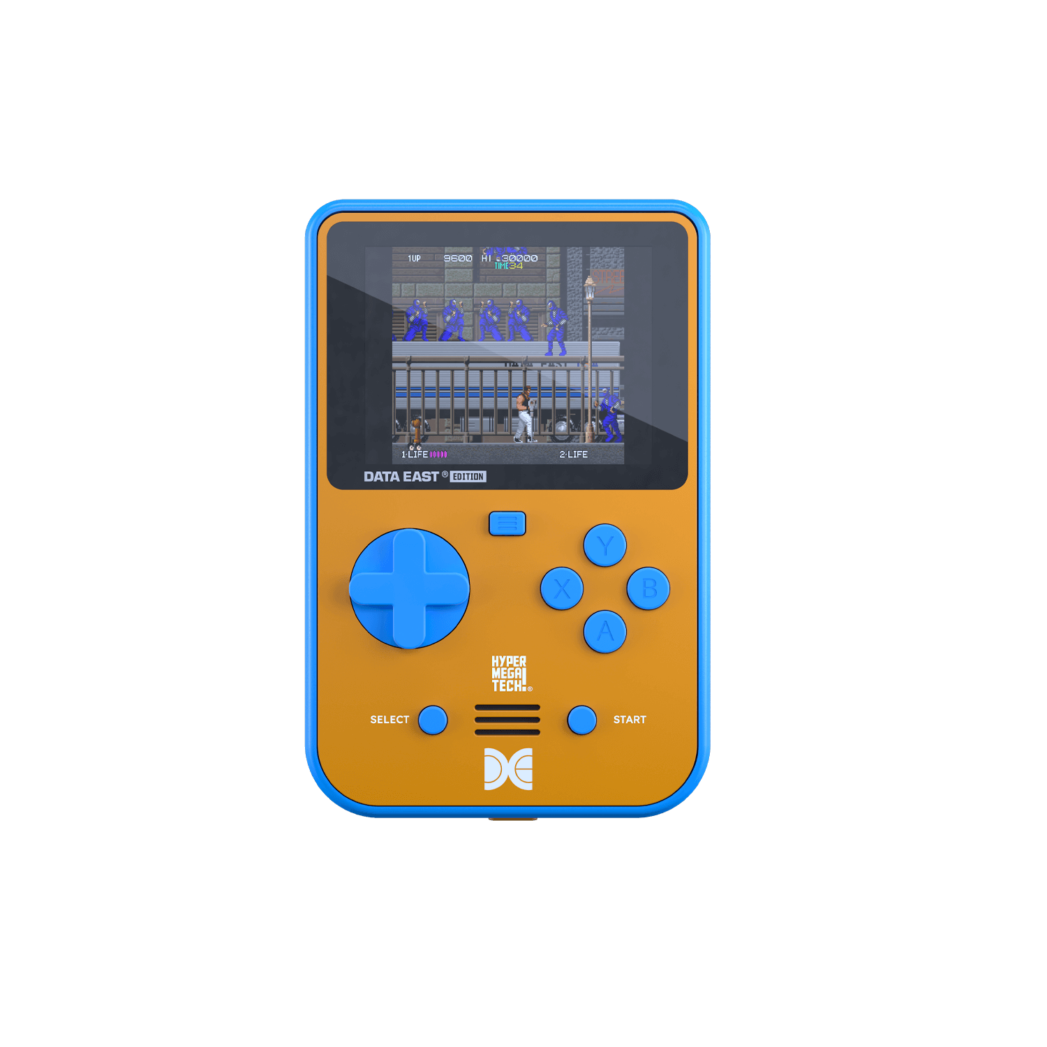 Eine tragbare Retro-Spielkonsole, die ein 2D-Spiel auf schwarzem Hintergrund spielt.