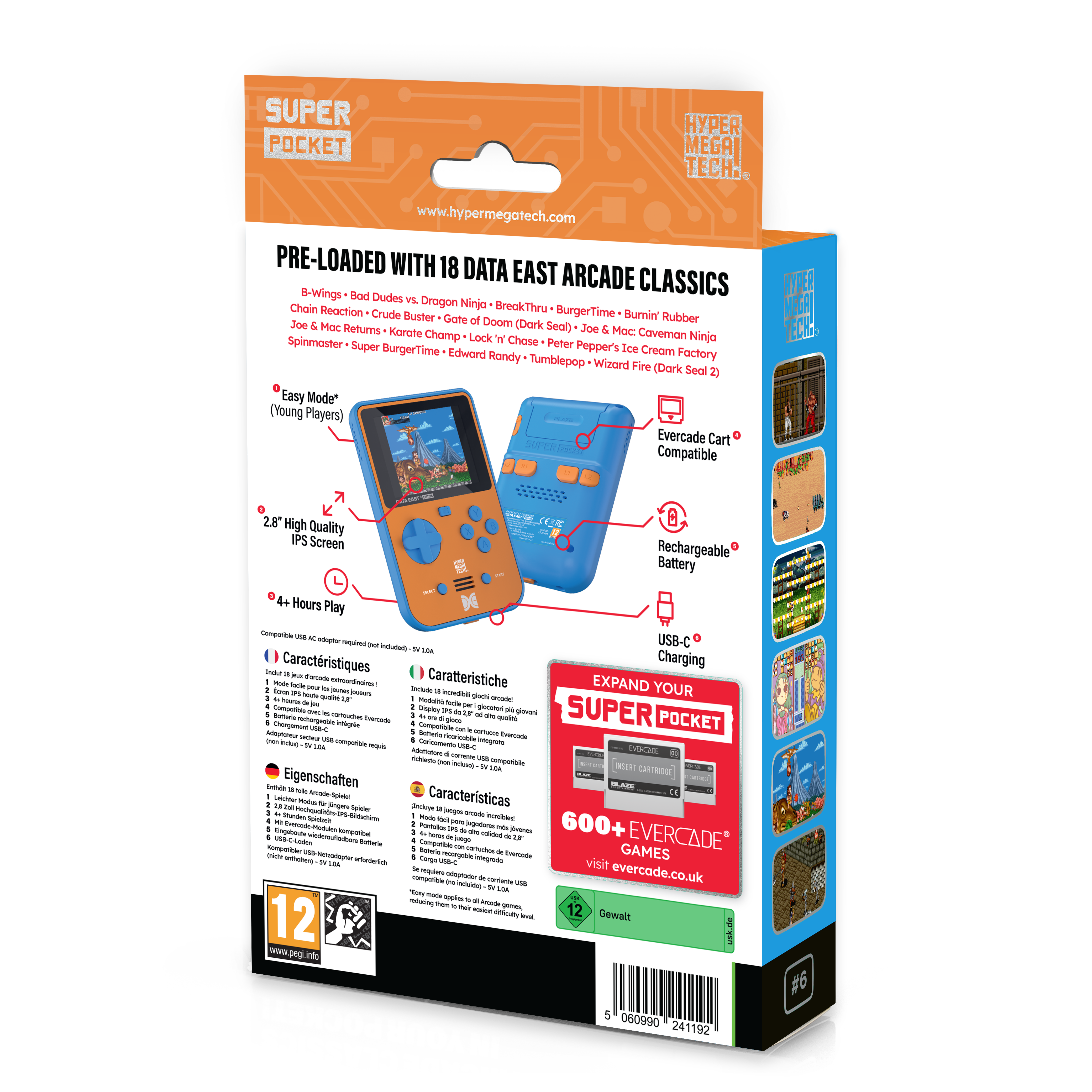 Eine Spielkonsolenbox mit einer Super Pocket-Konsole und einer Liste vorinstallierter Spiele.