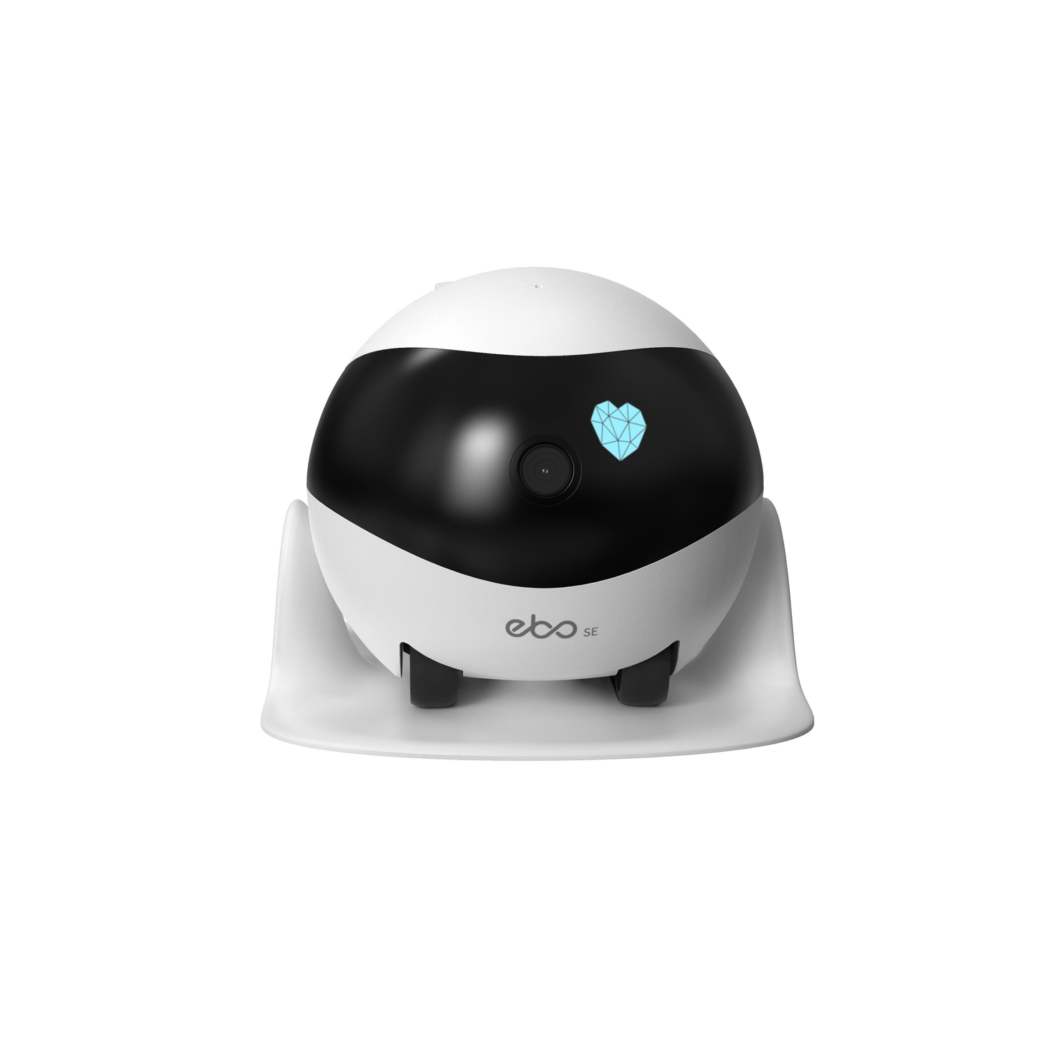 White and black robot. It has a black face with an eye-like display, and a white stand.