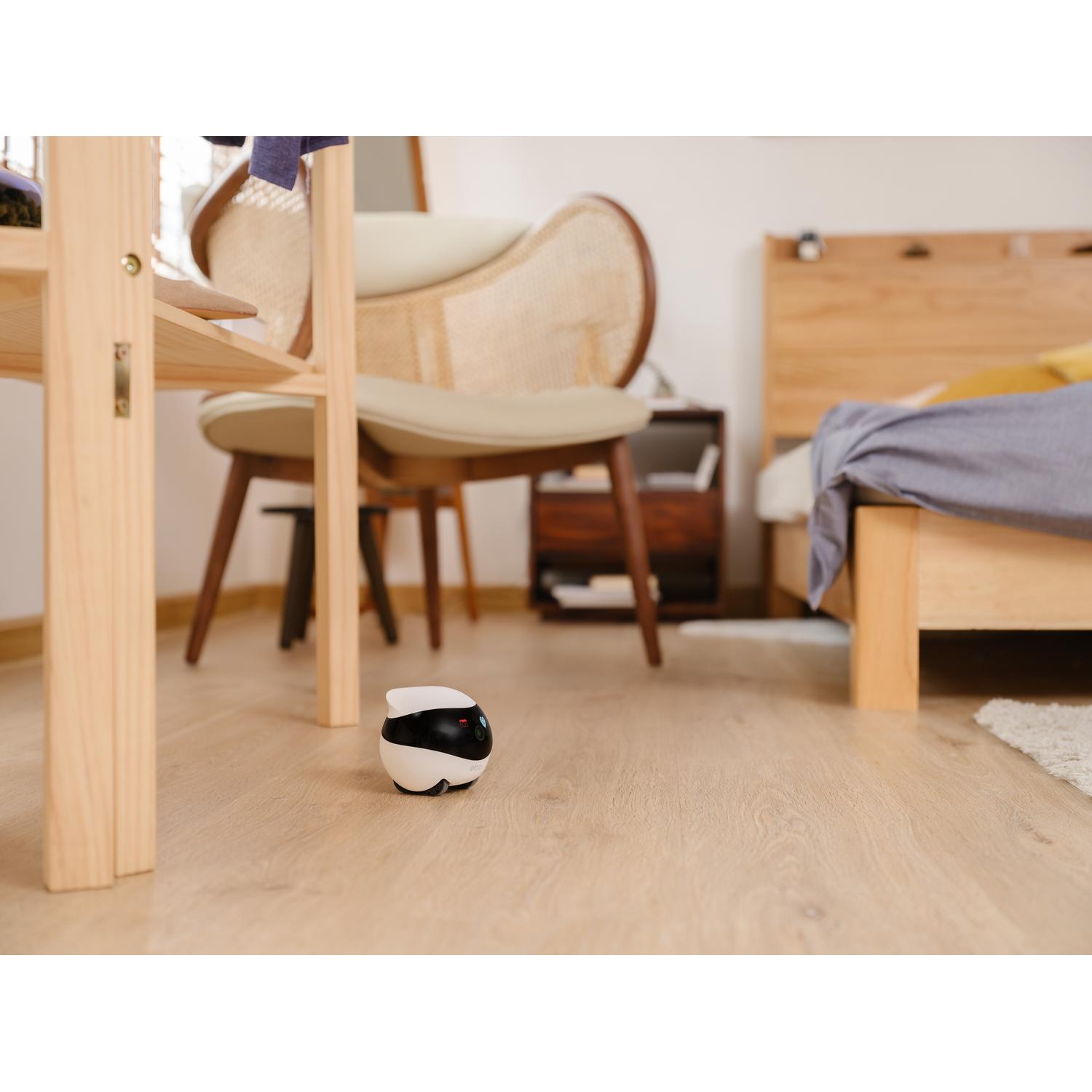 A small, white and black robot on a wooden floor in a room with furniture and a bed.