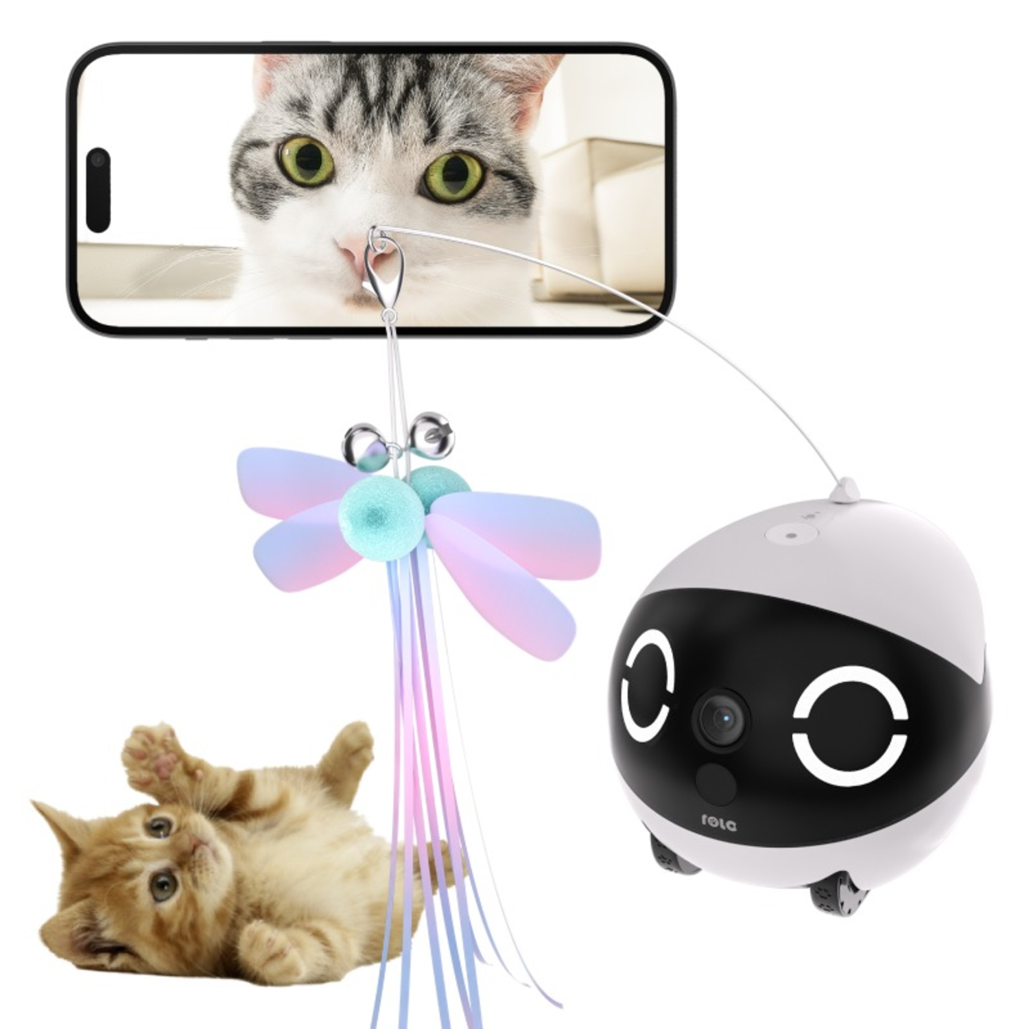 Een kat bekijkt een speeltje dat aan een telefoon is bevestigd. Robotspeelgoed op de achtergrond, kat ligt.