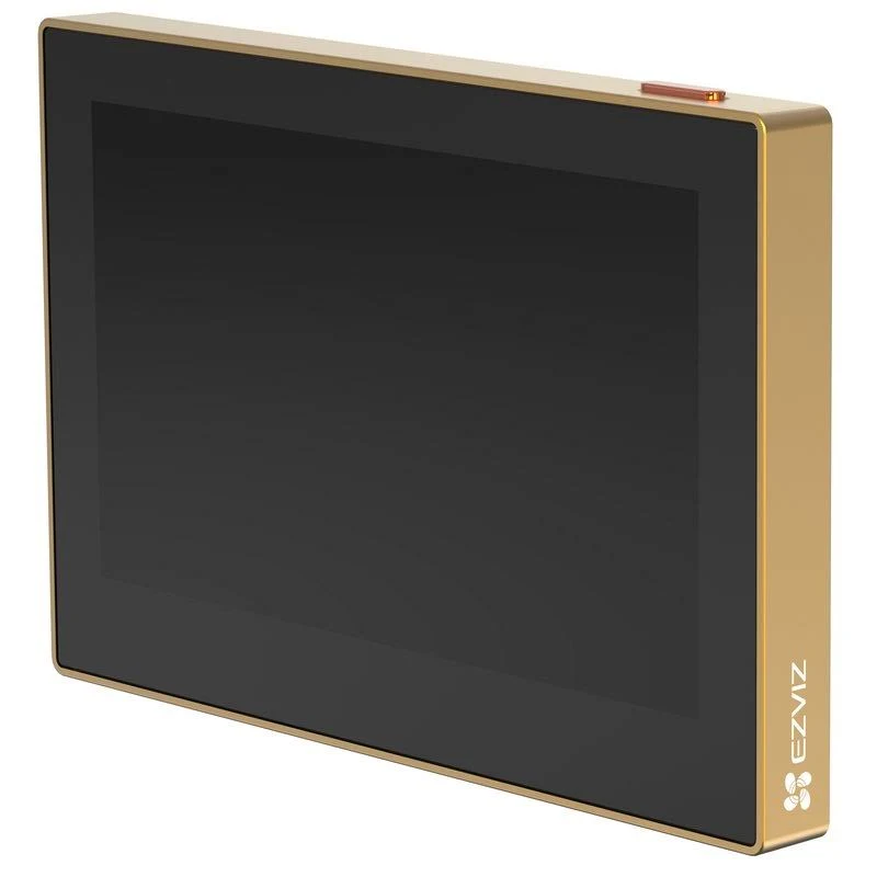 Un marco de fotos digital de color dorado con una pantalla negra.