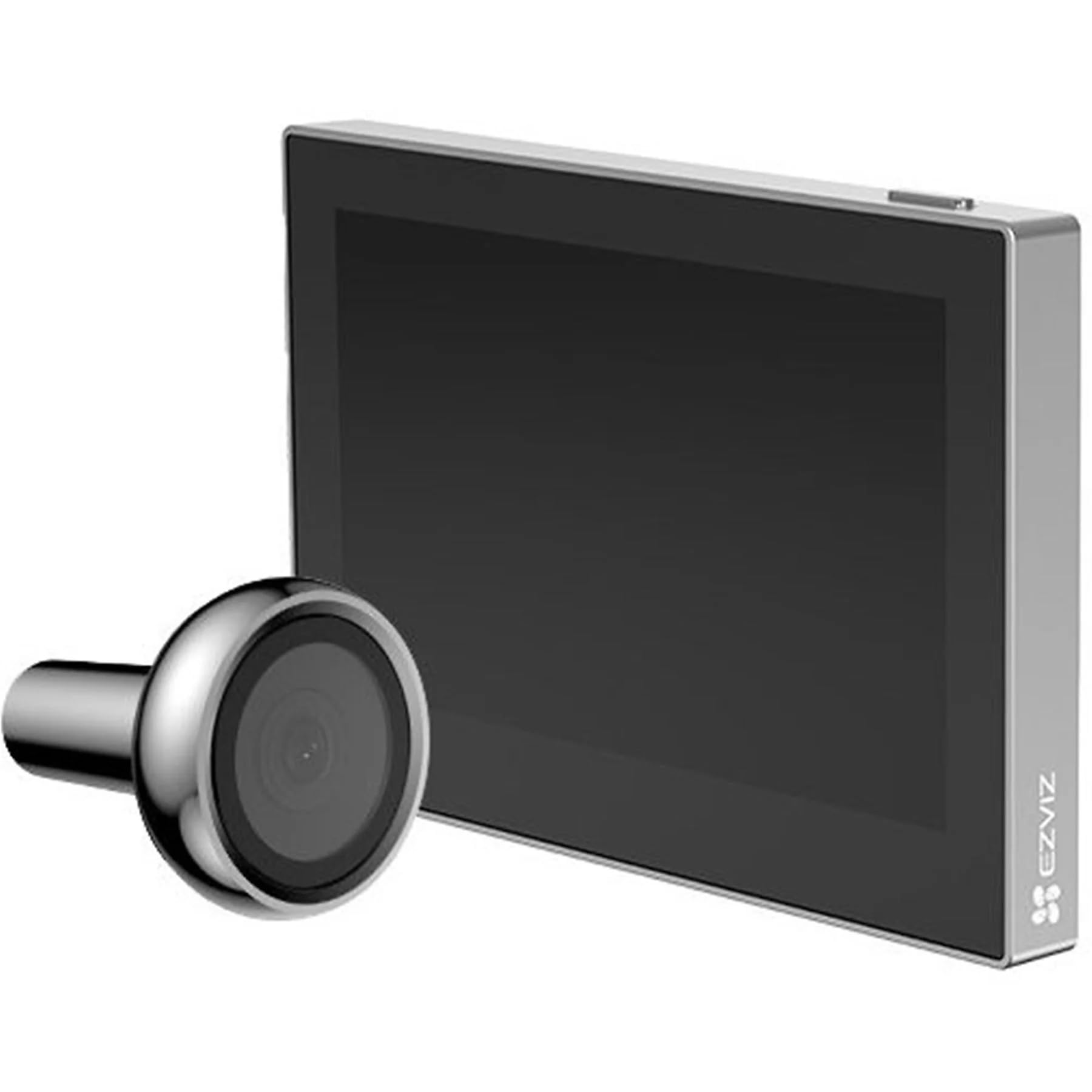 Cámara de timbre con pantalla, marco plateado, fondo blanco.