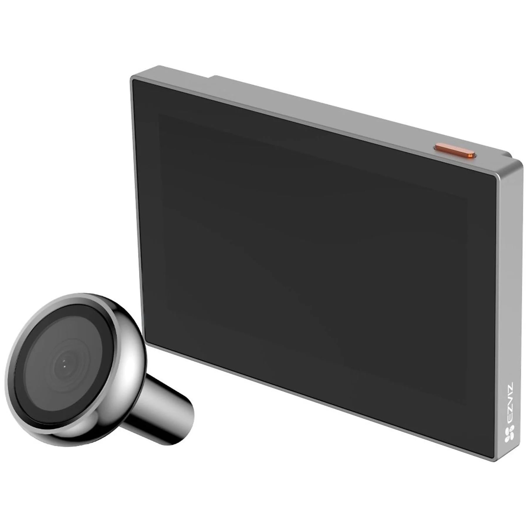 Una cámara de timbre gris, junto a una pantalla negra sobre un fondo blanco.