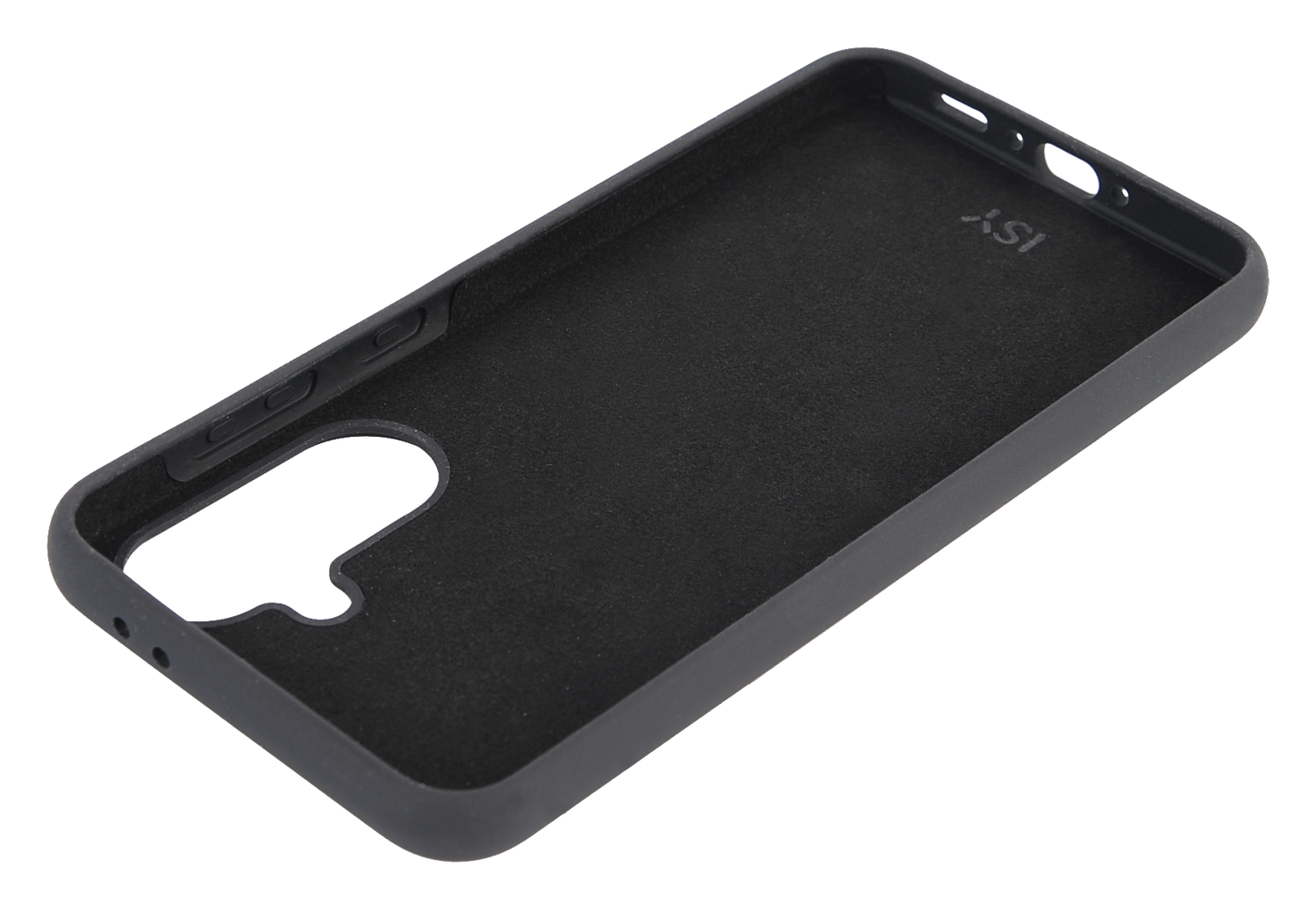 Interior de funda de teléfono negro, mostrando el interior con un recorte para la cámara.