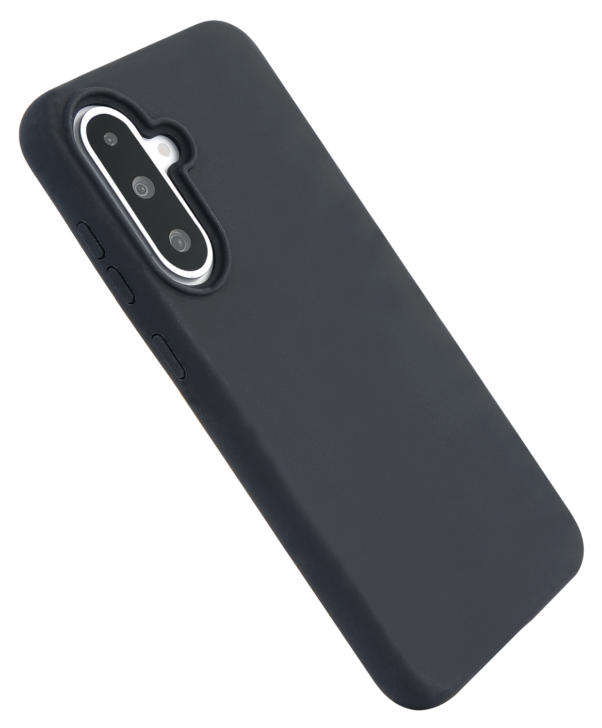 Funda negra para teléfono con lentes de cámara. La funda tiene un acabado liso y mate. Fondo negro.