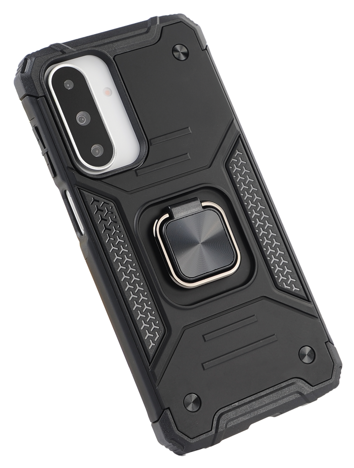 Funda de teléfono negra con soporte de anillo. La funda tiene un diseño texturizado y recorte para la cámara.