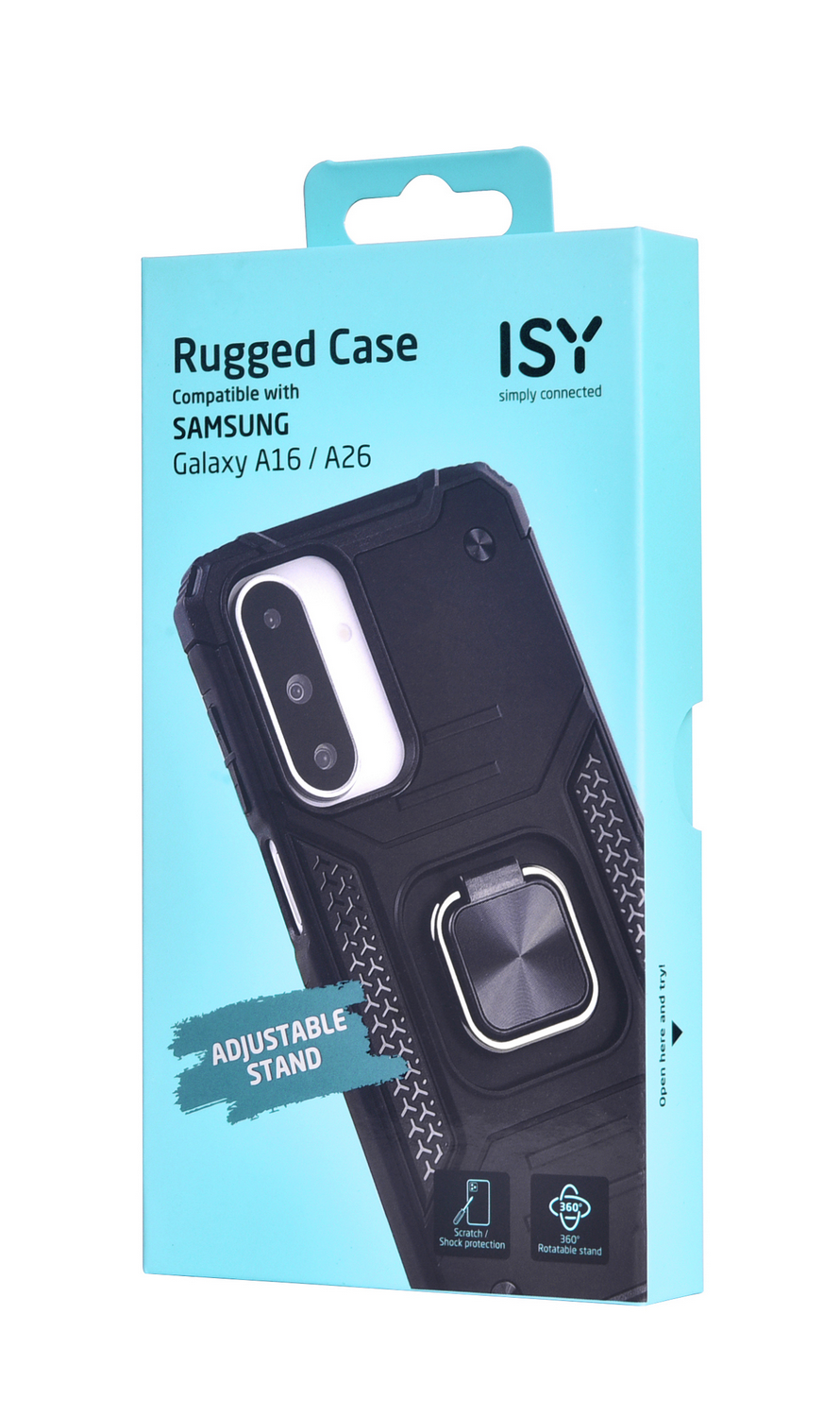 Una funda negra para teléfono con soporte de anillo en una caja.
