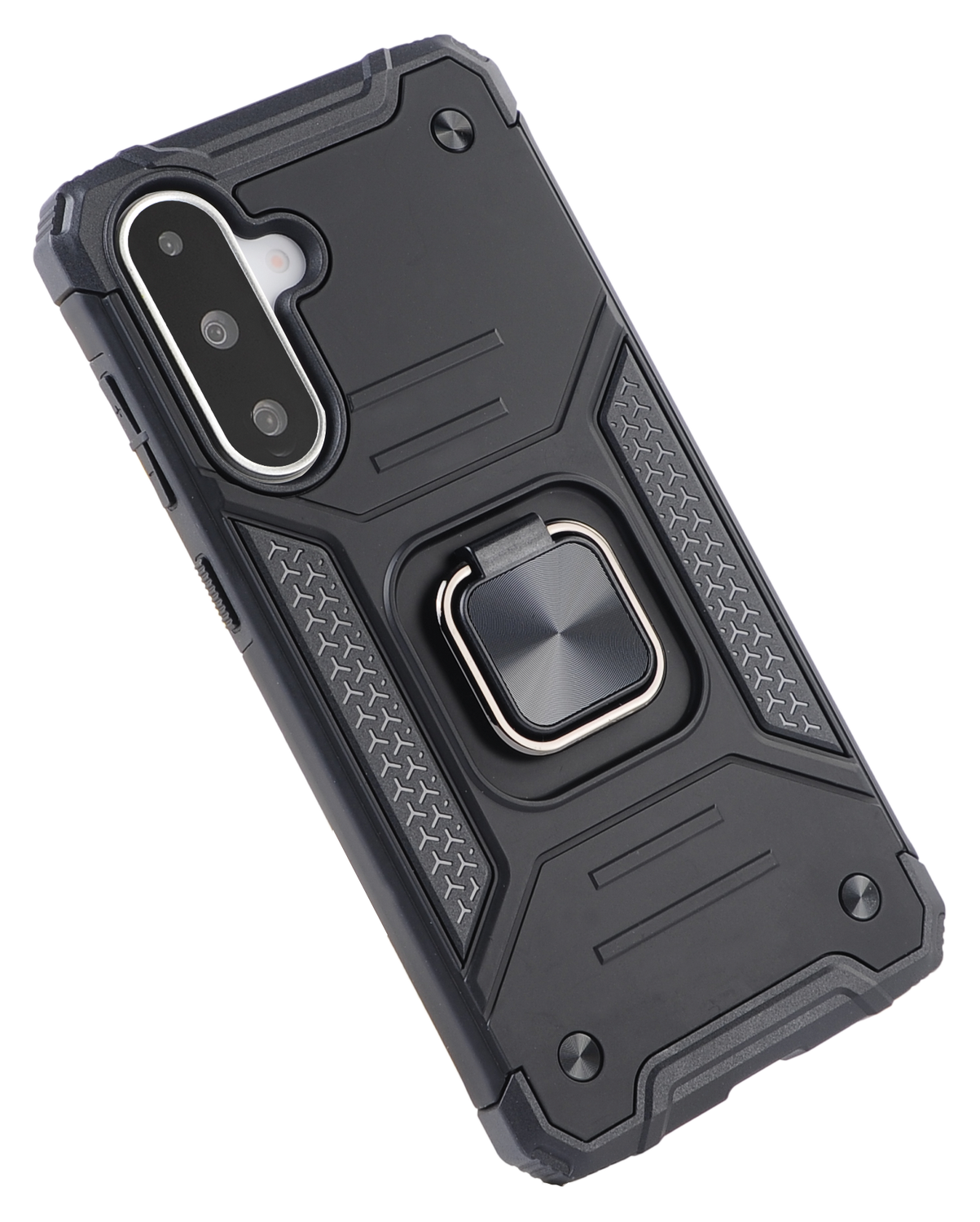 Funda negra para teléfono con cámara, soporte de anillo metálico y diseño texturizado. Fondo gris.