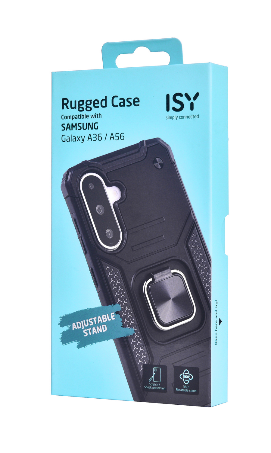 Una funda robusta negra para un teléfono Samsung Galaxy A36/A56.