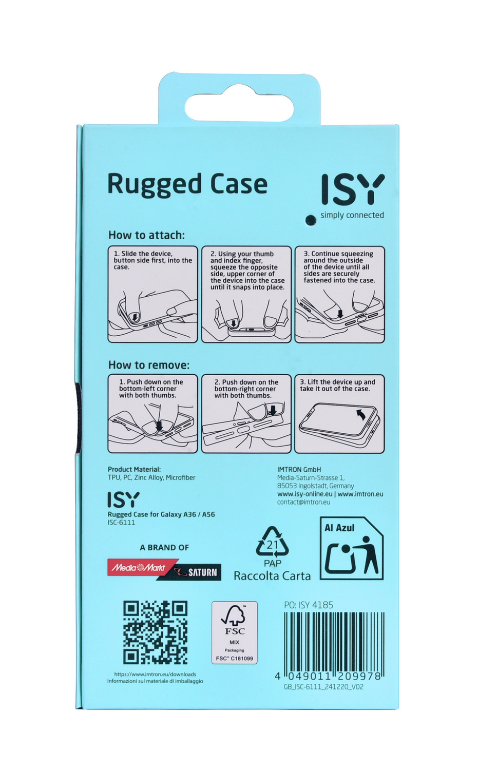 Embalaje azul de funda para teléfono con instrucciones y código QR.