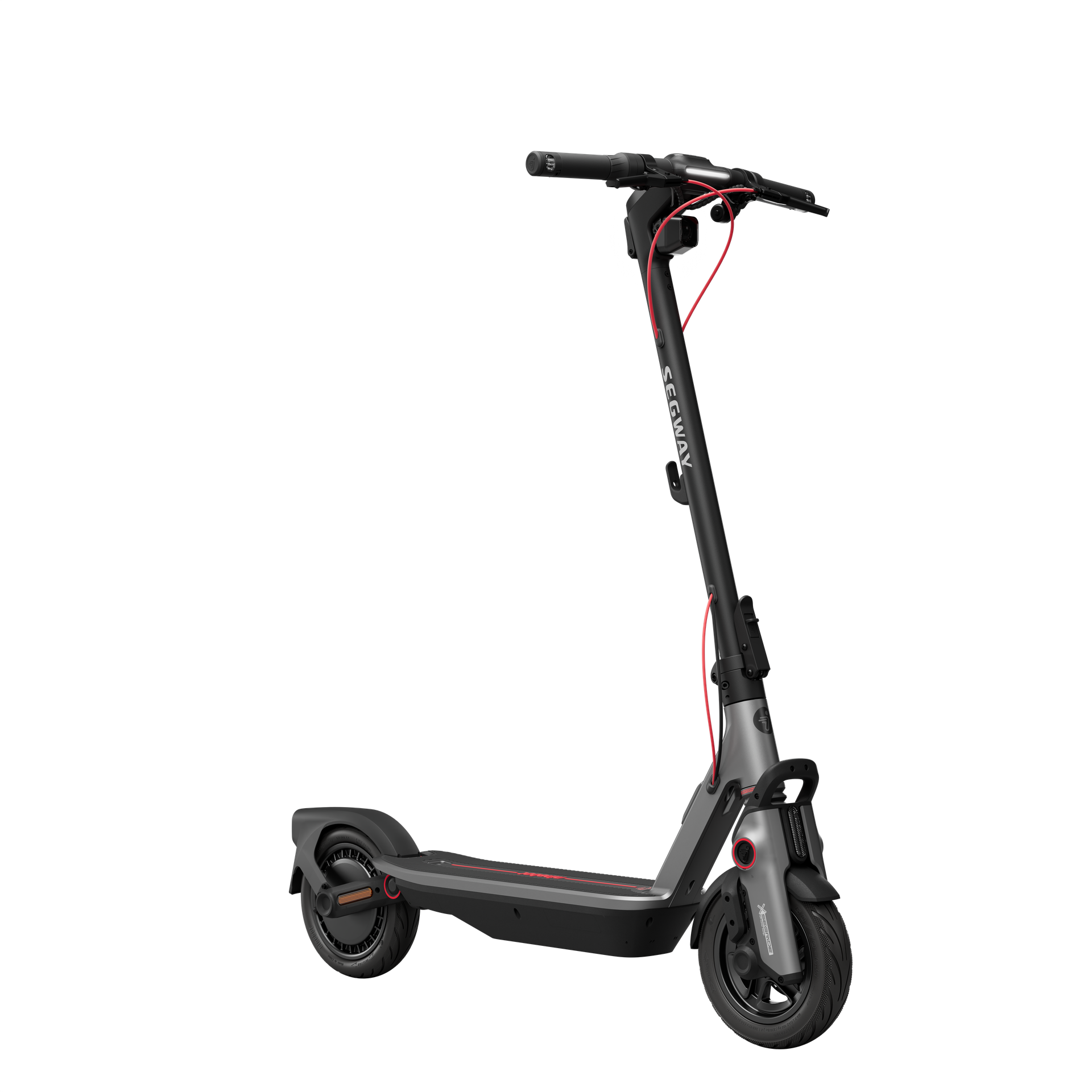 Un patinete eléctrico Segway negro y gris sobre un fondo negro. Tiene un cable rojo.