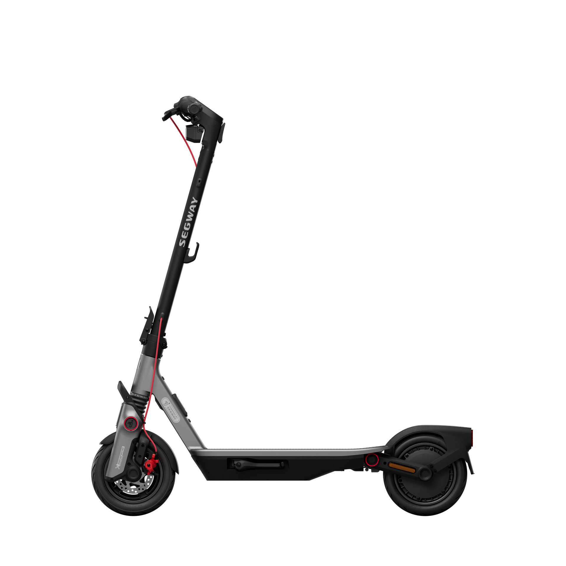 Un patinete eléctrico Segway gris con detalles rojos, mostrado desde una vista de perfil lateral.