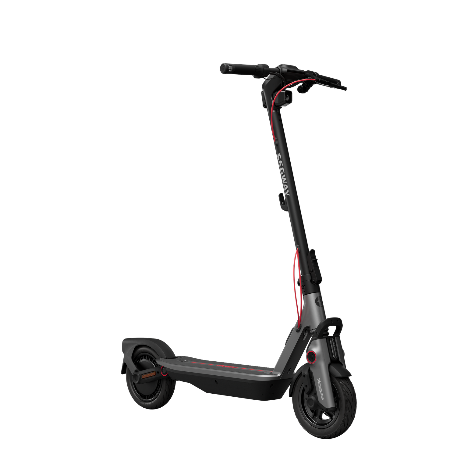 Un patinete eléctrico negro y gris con detalles en rojo sobre un fondo negro. El logotipo de Segway es visible.