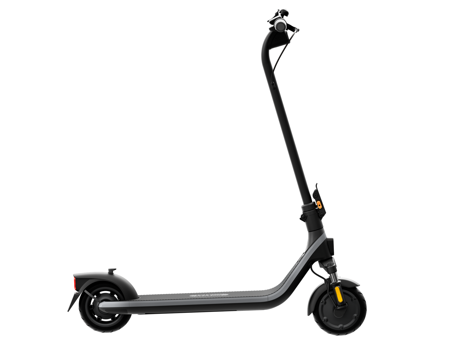 Un scooter eléctrico negro y gris. Tiene un manillar curvo y una luz trasera.