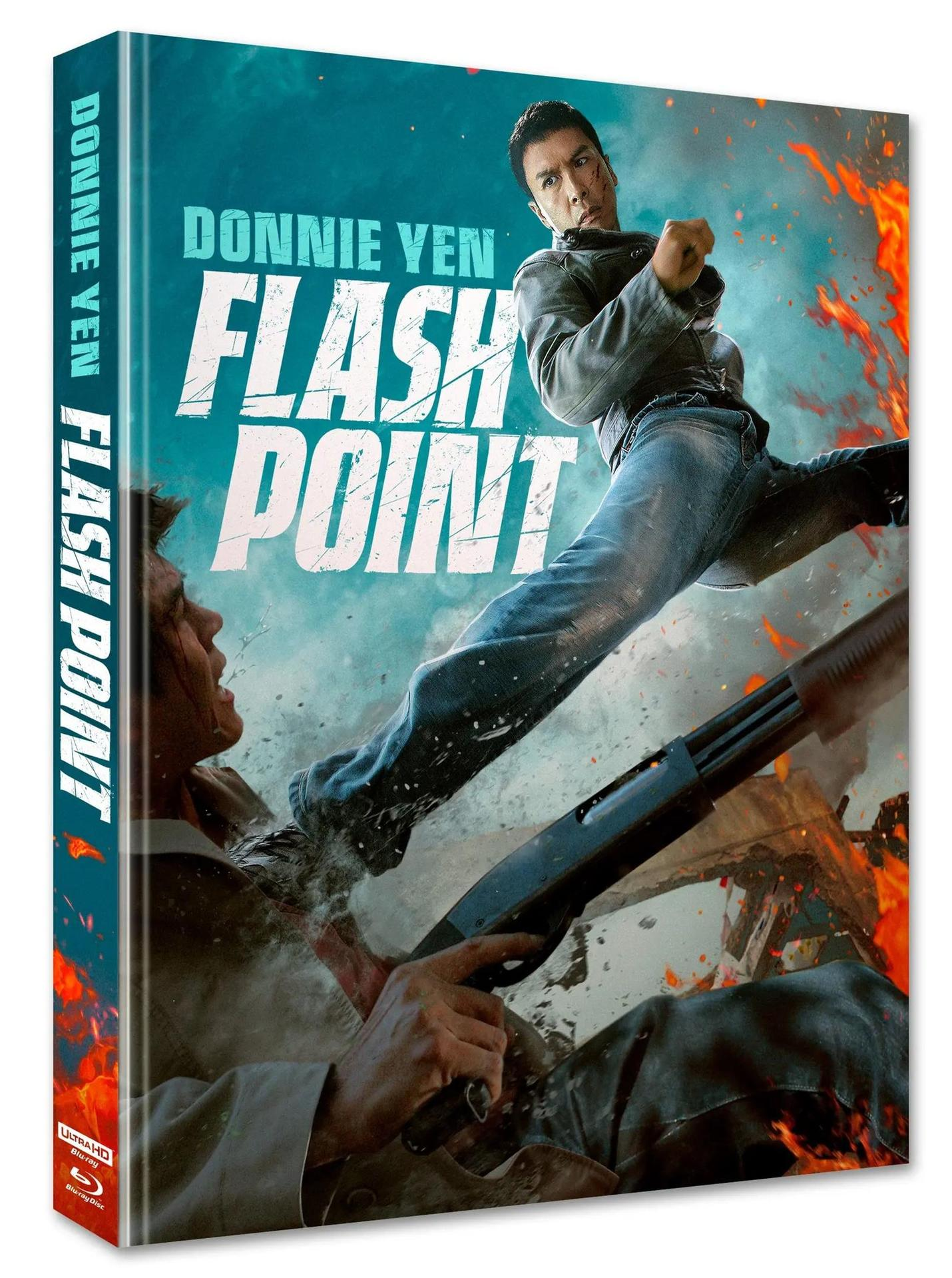Filmcover: Donnie Yen in Aktion, tritt Mann. Waffe im Vordergrund, Flammen im Hintergrund.