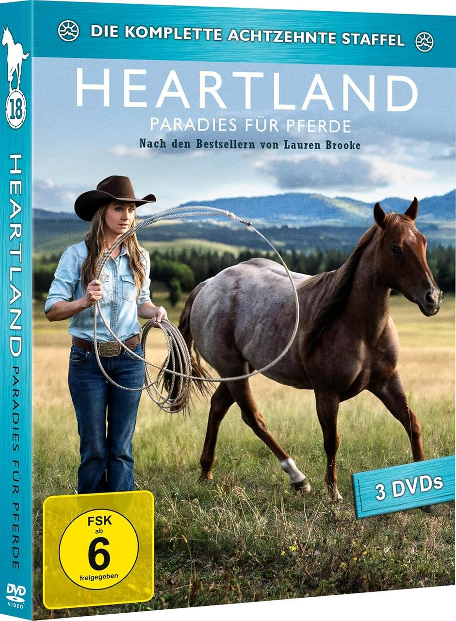 DVD-Cover, Frau mit Pferd, grünes Feld, Titel: Heartland.