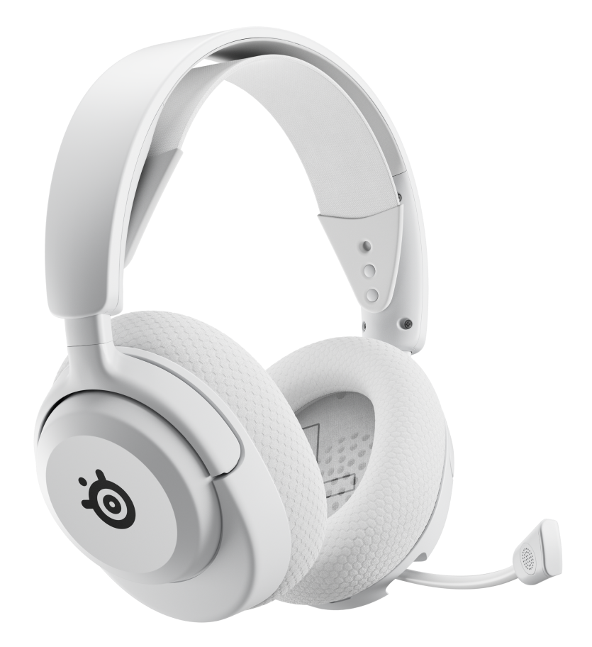 Białe słuchawki gamingowe SteelSeries z mikrofonem. Logo widoczne na nauszniku.