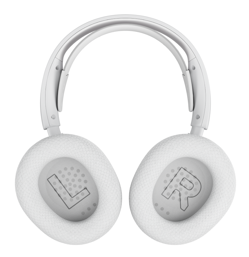 Białe słuchawki z literami L i R na nausznikach. Znajdują się na przezroczystym tle.