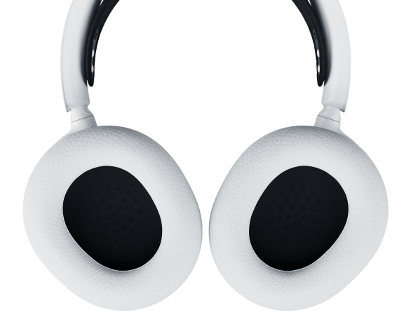 Para białych słuchawek z owalnymi nausznikami na czarnym tle.