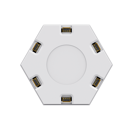 Białe sześciokątne urządzenie z sześcioma złączami, rozmieszczonymi wokół centralnego białego dysku.