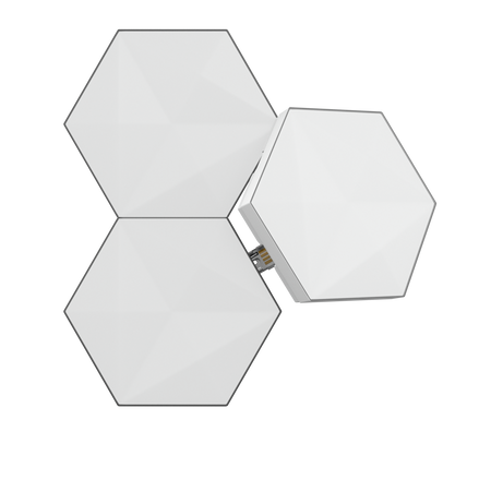 Trzy białe sześciokątne panele ułożone razem. Są na czarnym tle z kablem łączącym.
