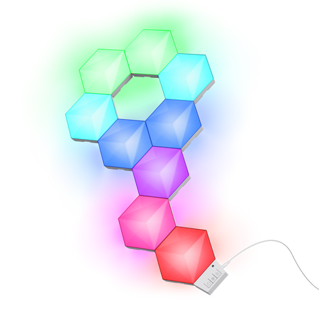 Zestaw sześciokątnych, zmieniających kolor diod LED, ułożonych na czarnym tle.