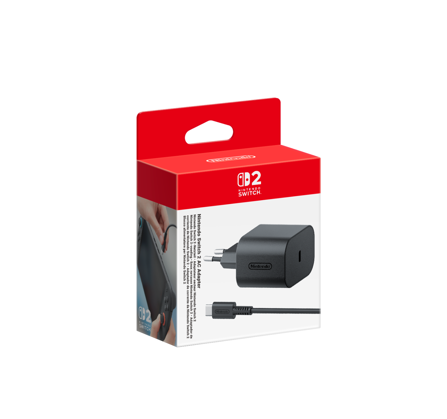 Adaptador de CA Nintendo Switch 2 en una caja roja y blanca sobre fondo negro.