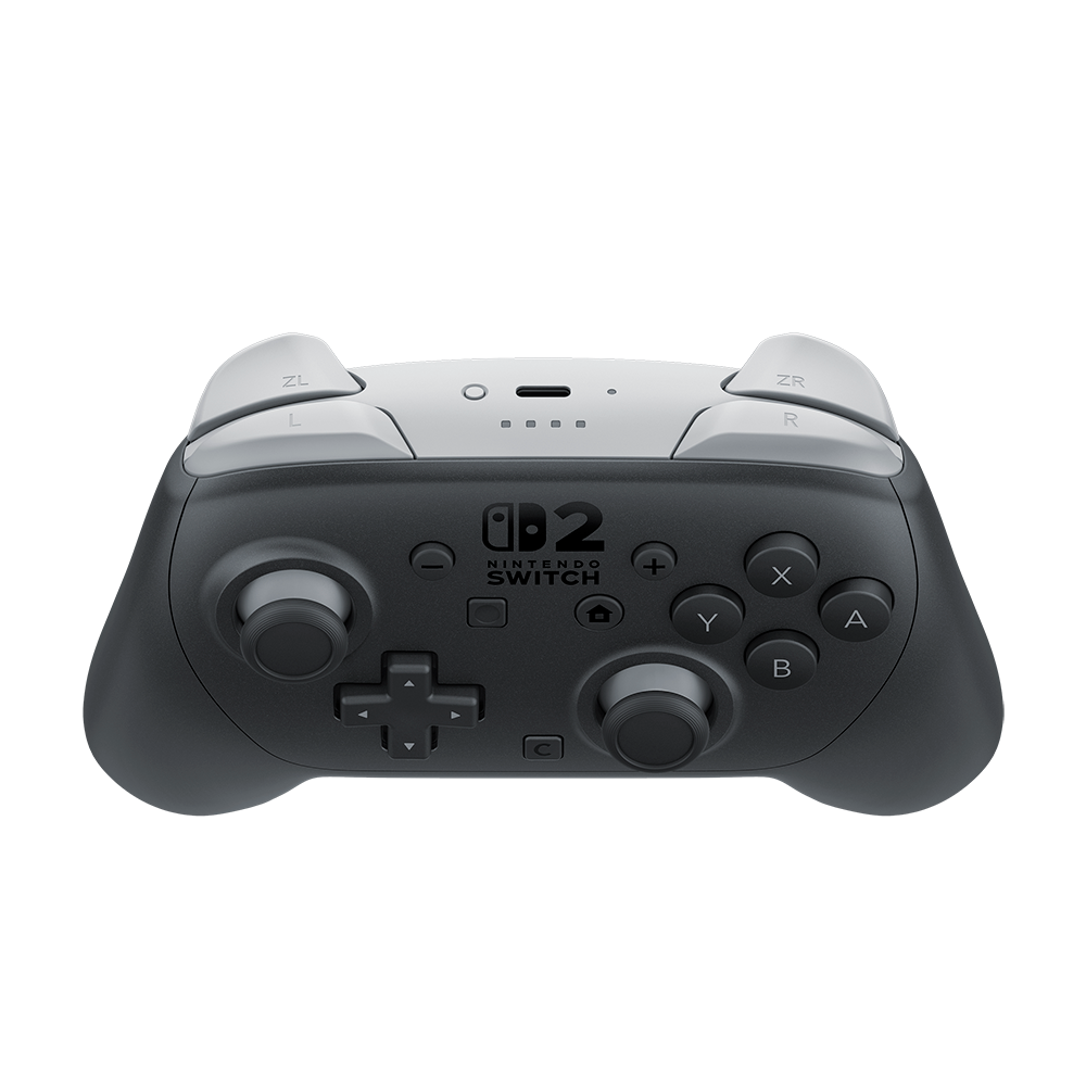 Un mando Pro de Nintendo Switch negro y gris sobre un fondo negro.