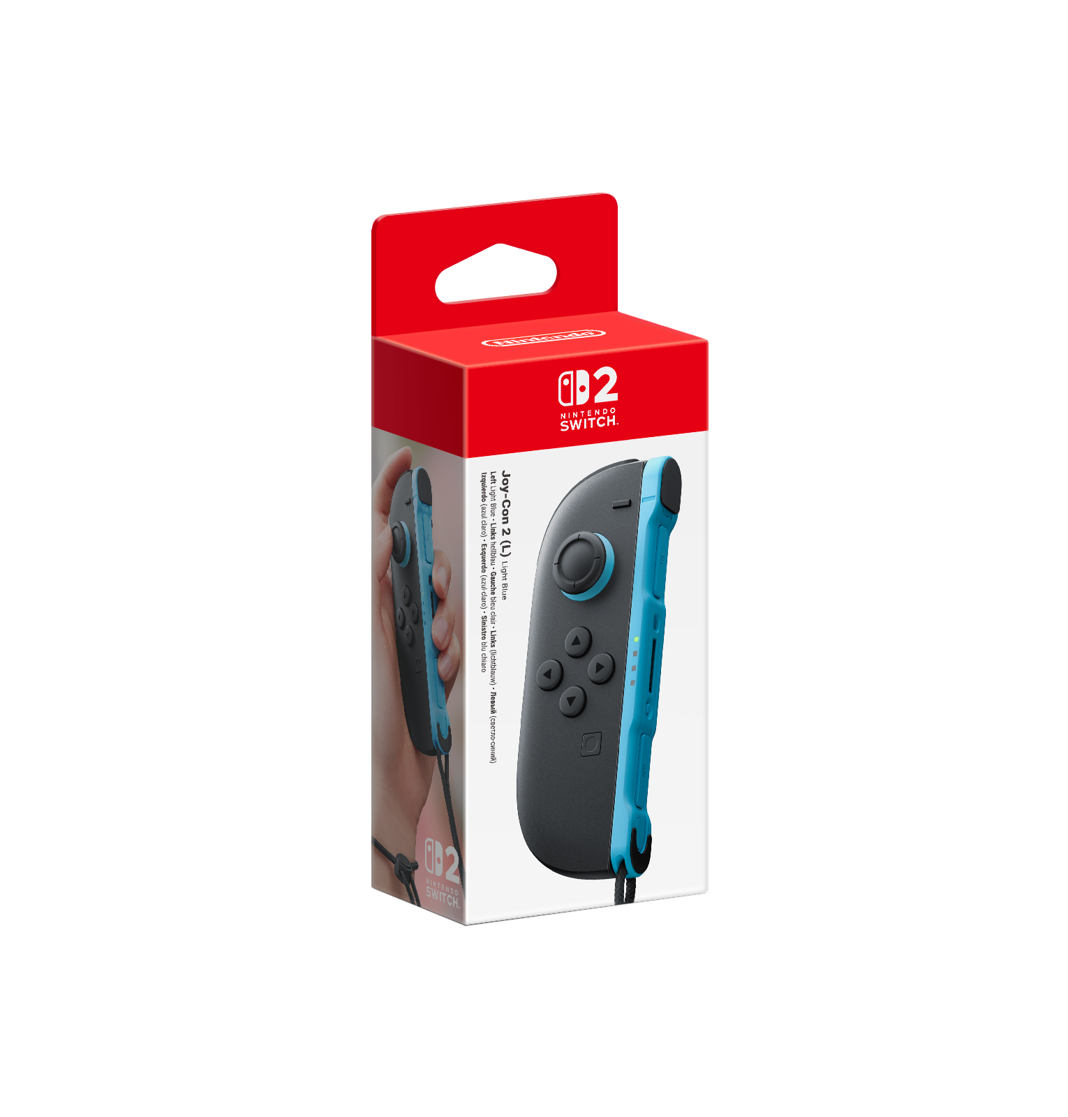 Una caja de controlador Nintendo Switch Joy-Con roja y azul, que muestra los controladores y el uso de la mano.